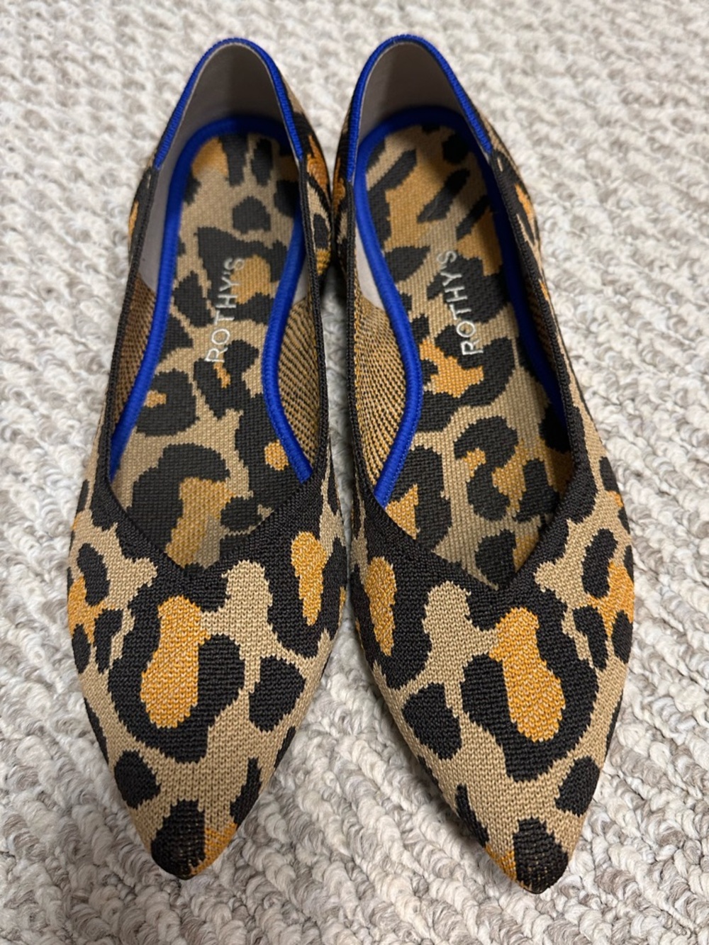 Rothy's Leopard Print Pointed Flats with Blue Trim